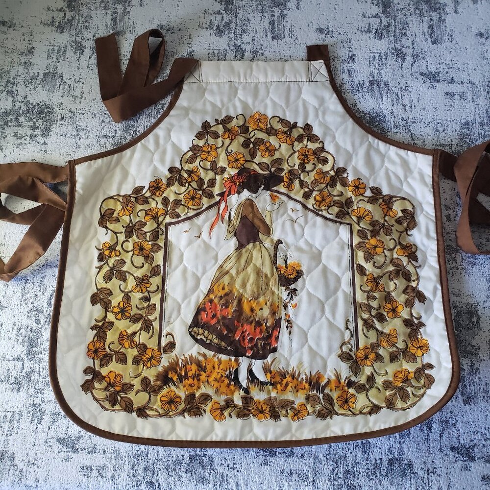 Whimsical Vintage Holly Hobbie Style Quilted Apron w basket + flowers